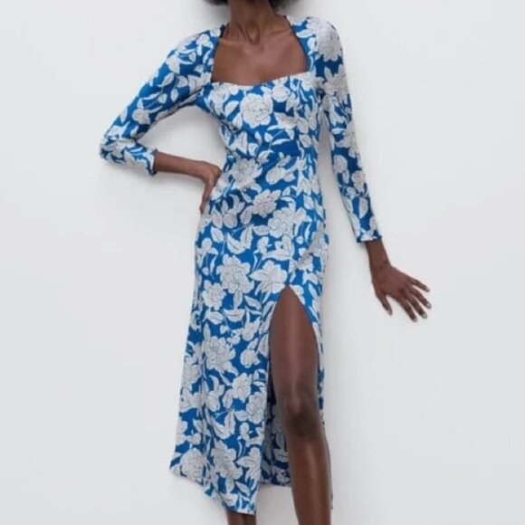 Zara - Blue & White Floral Midi Dress with Slit - Picture 1 of 11